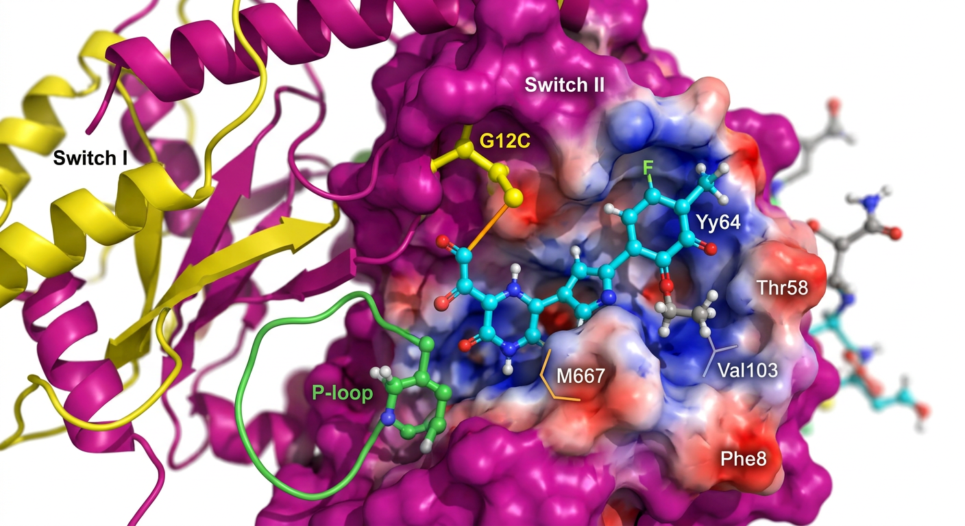 KRAS G12C proteinine bağlanan kovalent inhibitörün görselleştirmesi.