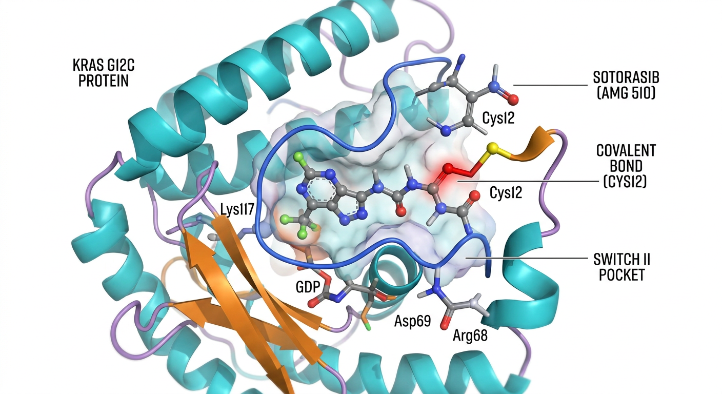 KRAS proteininin hedefe yönelik inhibitör ile etkileşiminin moleküler yapısı.