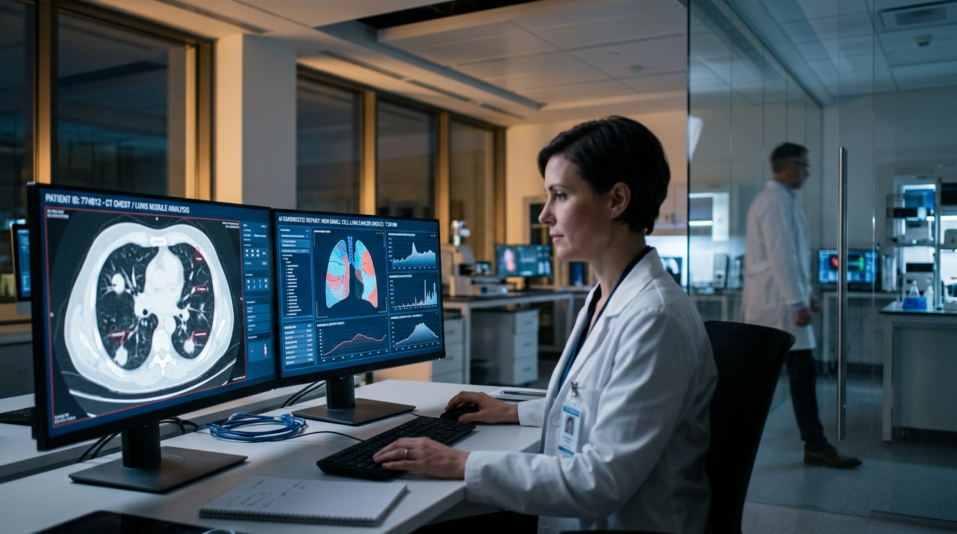 Yeni hedefe yönelik tedavi sonuçlarını değerlendiren modern klinik araştırma ortamı.