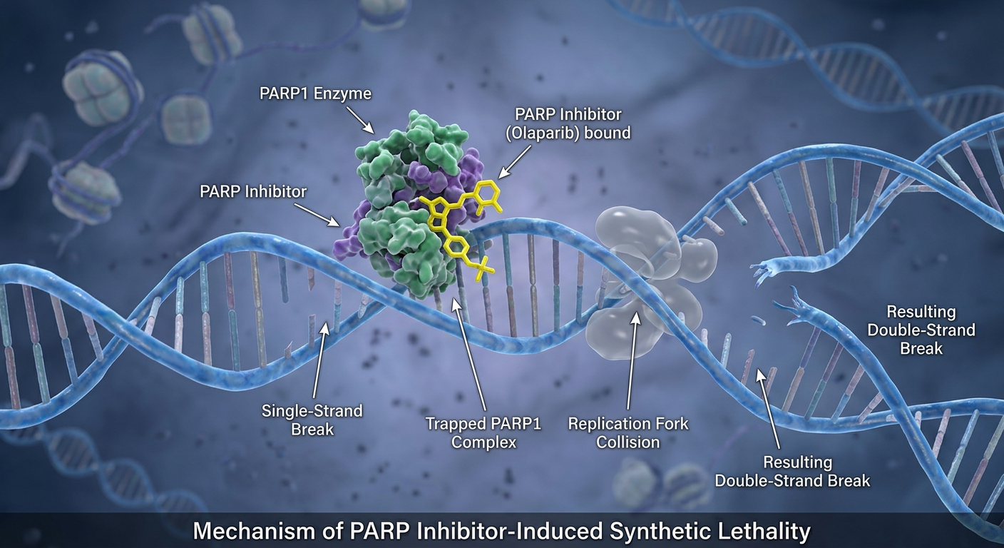 DNA onarım yollarını hedefleyen PARP inhibitörü mekanizmasının görselleştirilmesi.