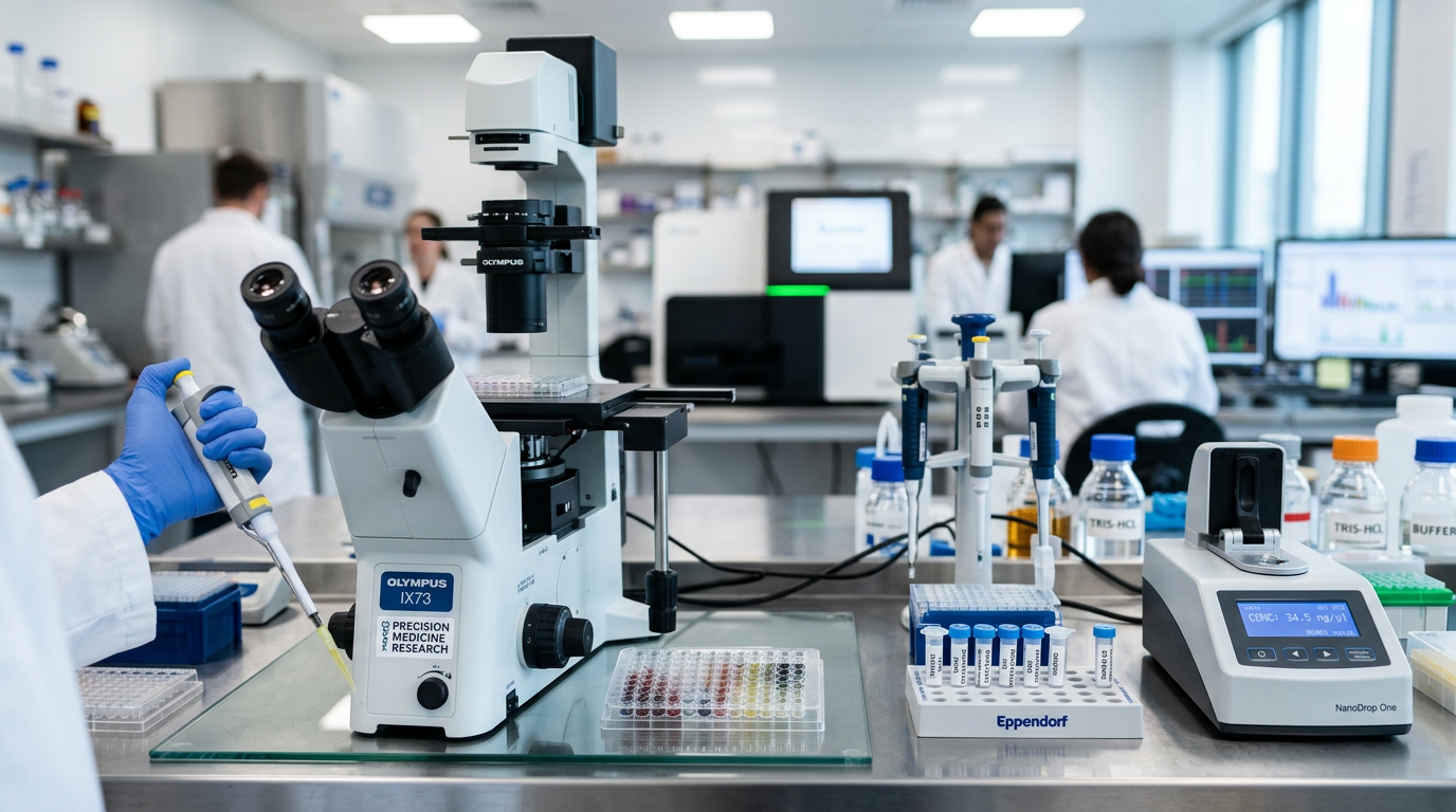 Hassas tıp ve onkoloji araştırmalarını vurgulayan laboratuvar ortamı.