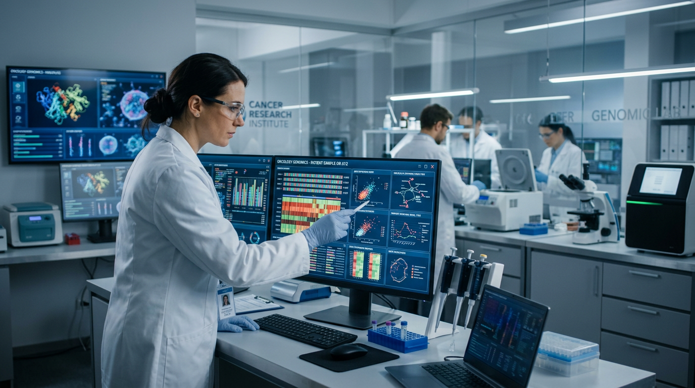 Genomik veri analizine odaklanan modern onkoloji laboratuvarı.