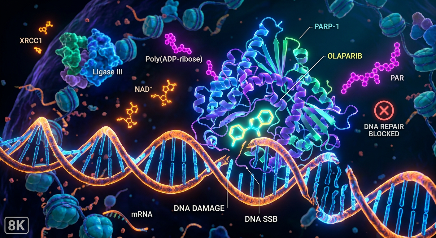 PARP inhibitörlerinin tümör hücrelerindeki DNA onarım mekanizmalarını engellediğini gösteren moleküler görselleştirme.
