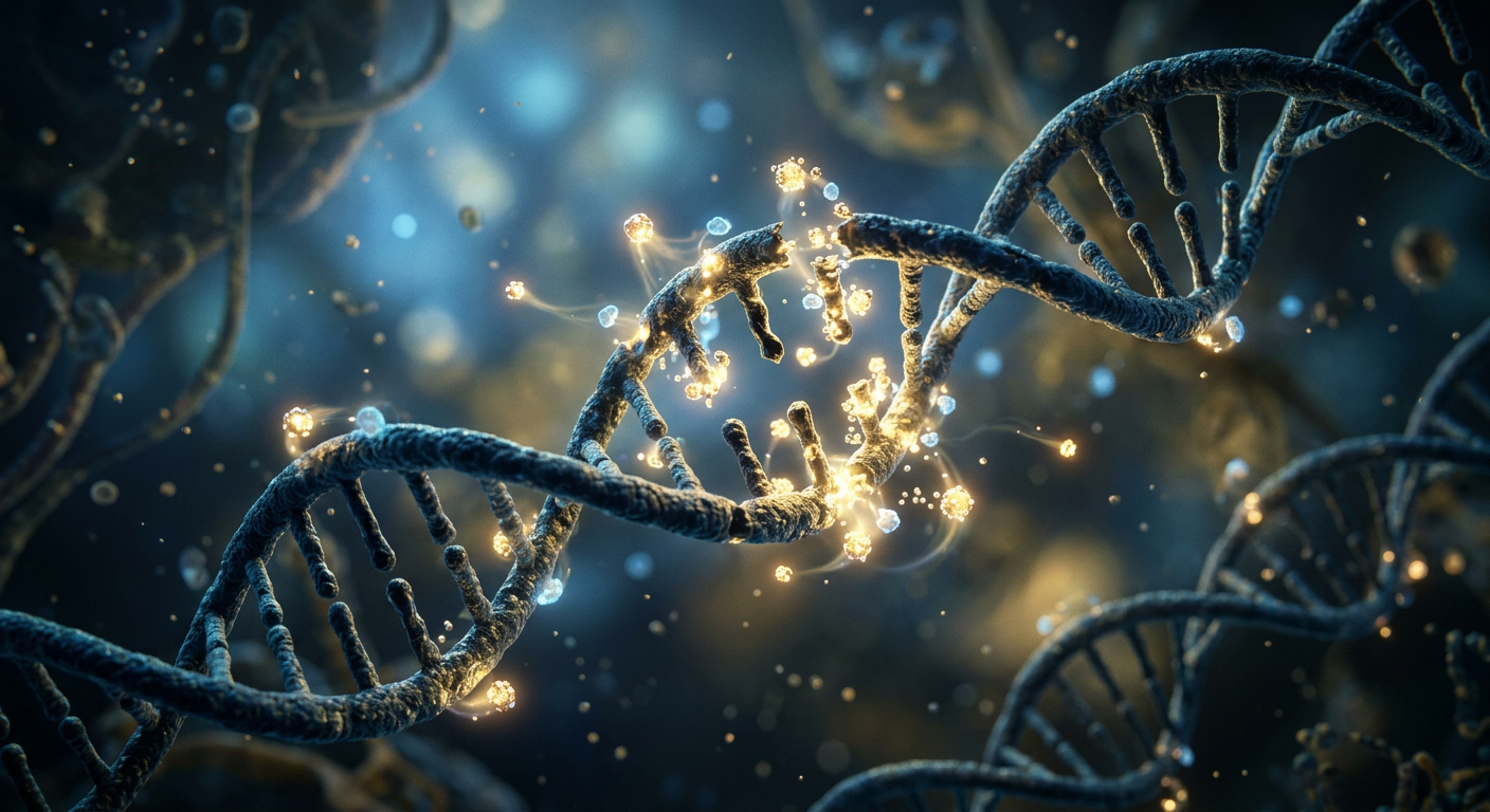 Modern onkoloji tedavileri tarafından hedeflenen DNA onarım mekanizmalarının kavramsal görselleştirmesi.