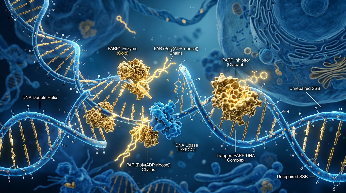 PARP inhibitörlerinin hedeflediği DNA onarım mekanizmalarının moleküler görselleştirmesi.