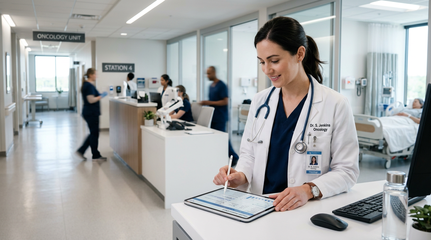 Onkoloji ortamında hasta sonuçlarının klinik incelemesi.