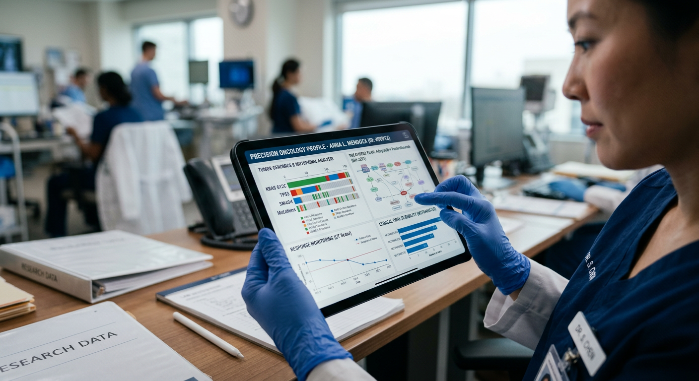 Hassas onkoloji tedavi planlaması için hasta verilerini gösteren klinik ortam.
