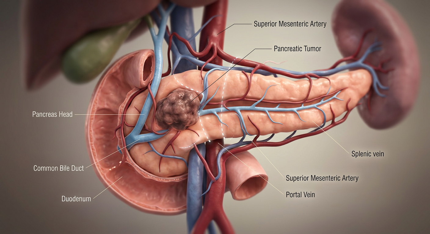 Cerrahi planlama için pankreas tümör anatomisinin tıbbi görselleştirmesi.