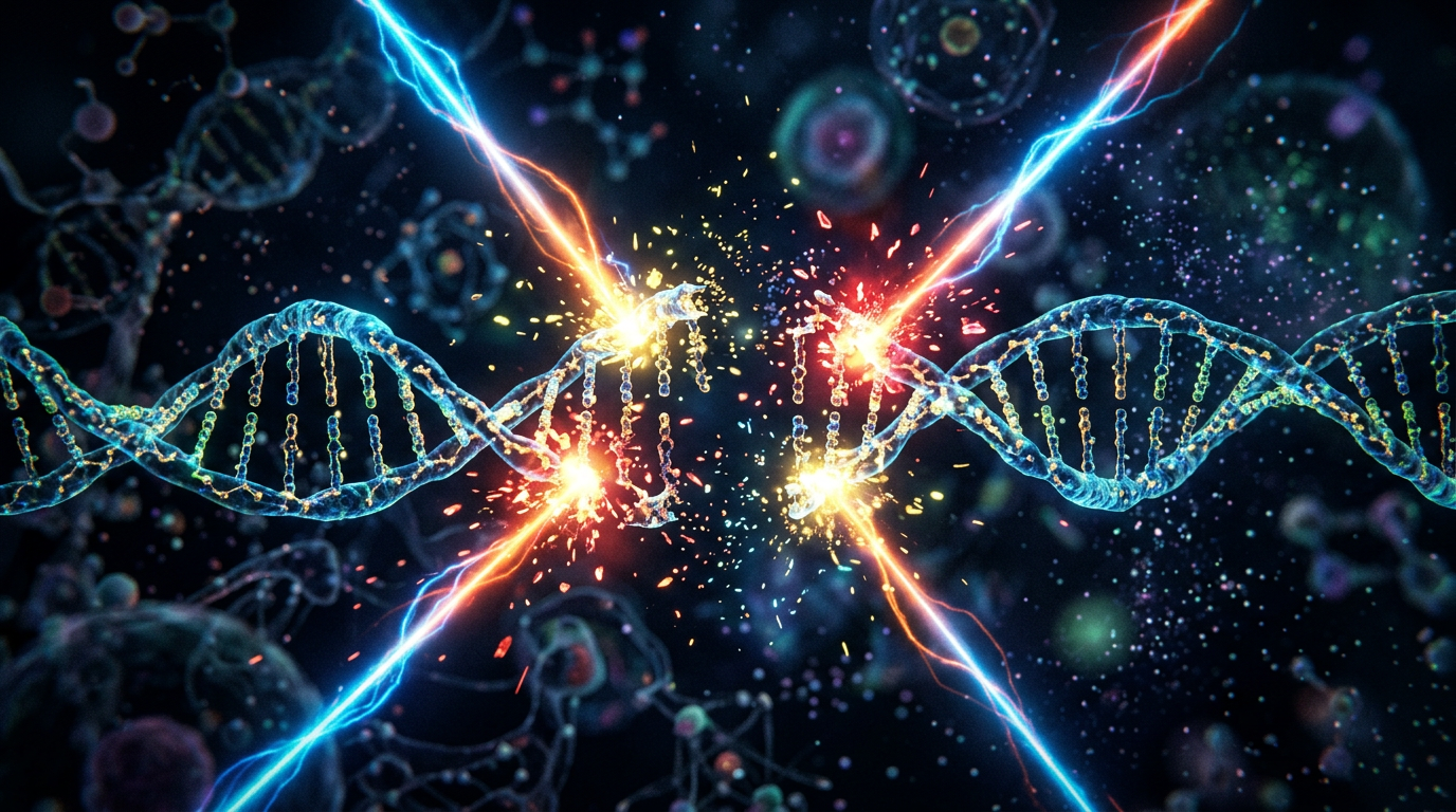 Hedefe yönelik beta-radyasyonun DNA hasarı oluşturmasının kavramsal temsili.