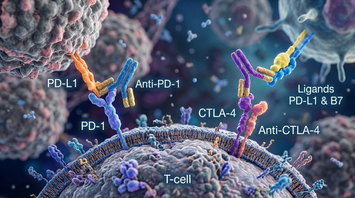 PD-1 ve CTLA-4 reseptörlerini hedefleyen çiftli kontrol noktası blokajının görselleştirilmesi.