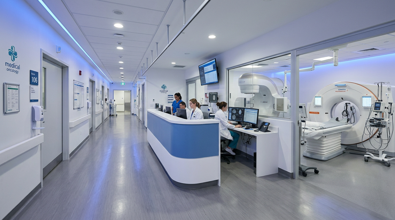 İleri tedavi uygulamaları için modern onkoloji klinik ortamı.