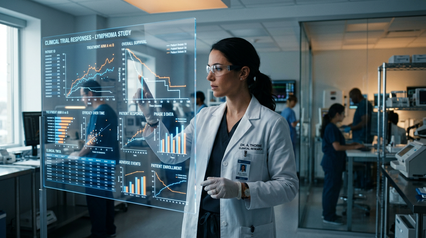 Dijital ekranlar üzerinde karmaşık klinik çalışma verilerini analiz eden araştırmacı.