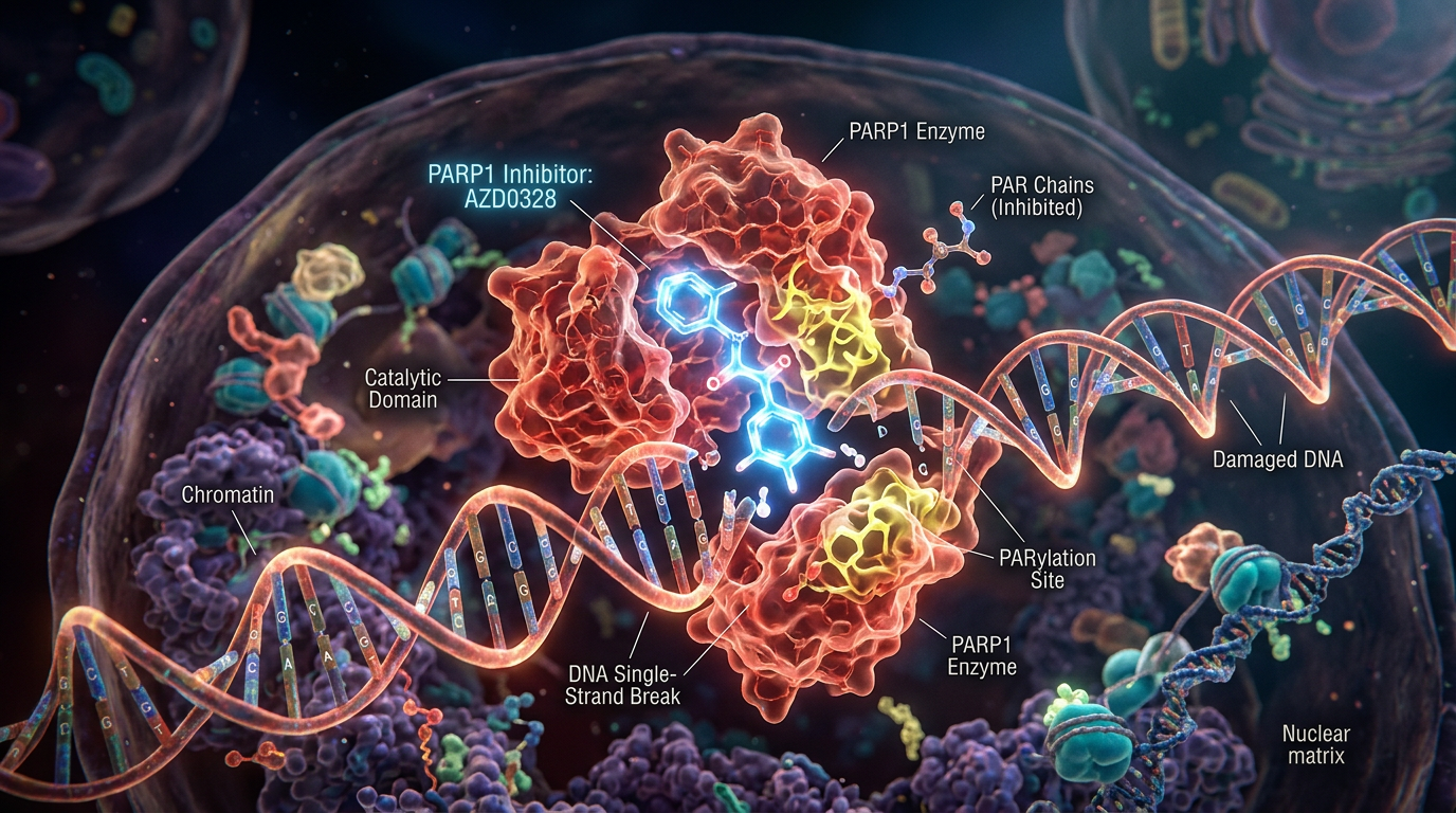 Seçici PARP1 inhibitörünün DNA hasar kompleksleri ile etkileşimini gösteren makro moleküler model.