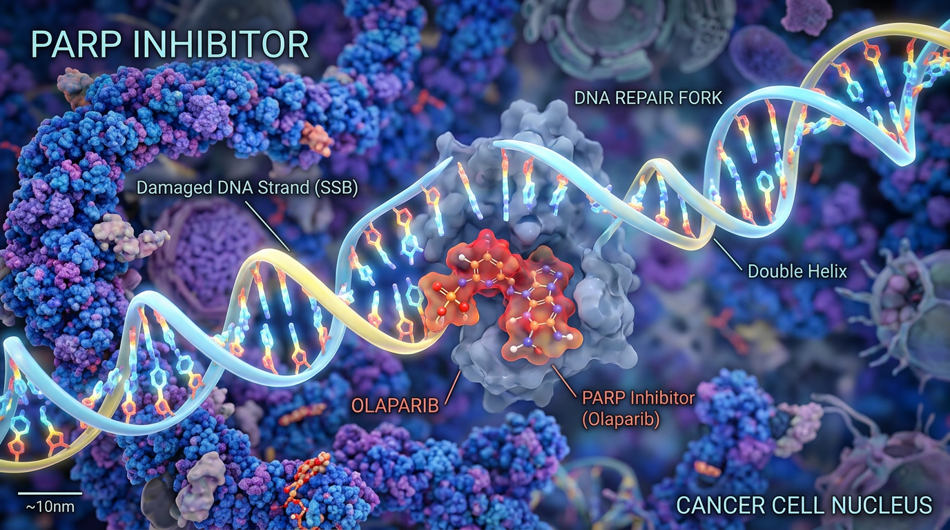 PARP inhibitörlerinin hasarlı DNA iplikçikleriyle moleküler etkileşimi.