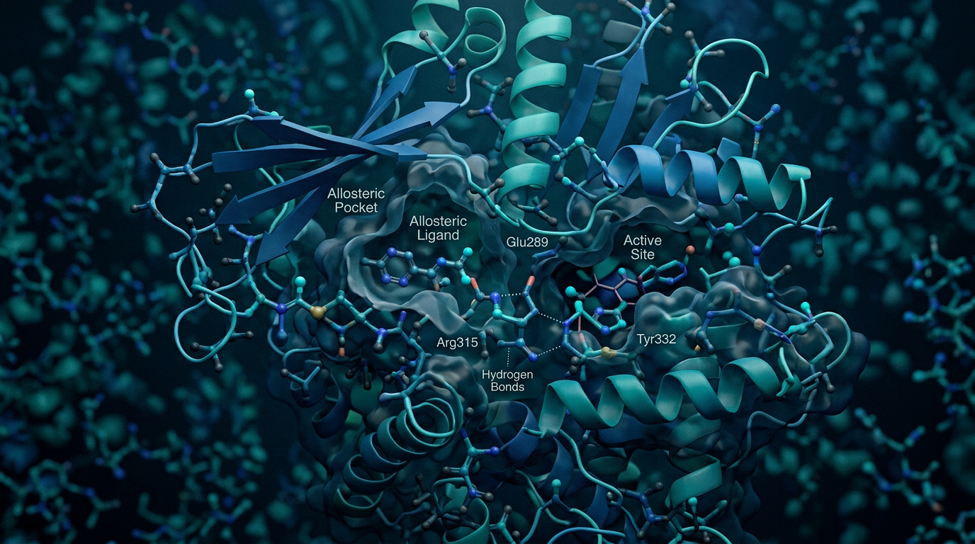 PI3Kα protein yapısındaki yeni nesil allosterik cep etkileşiminin üç boyutlu simülasyonu.