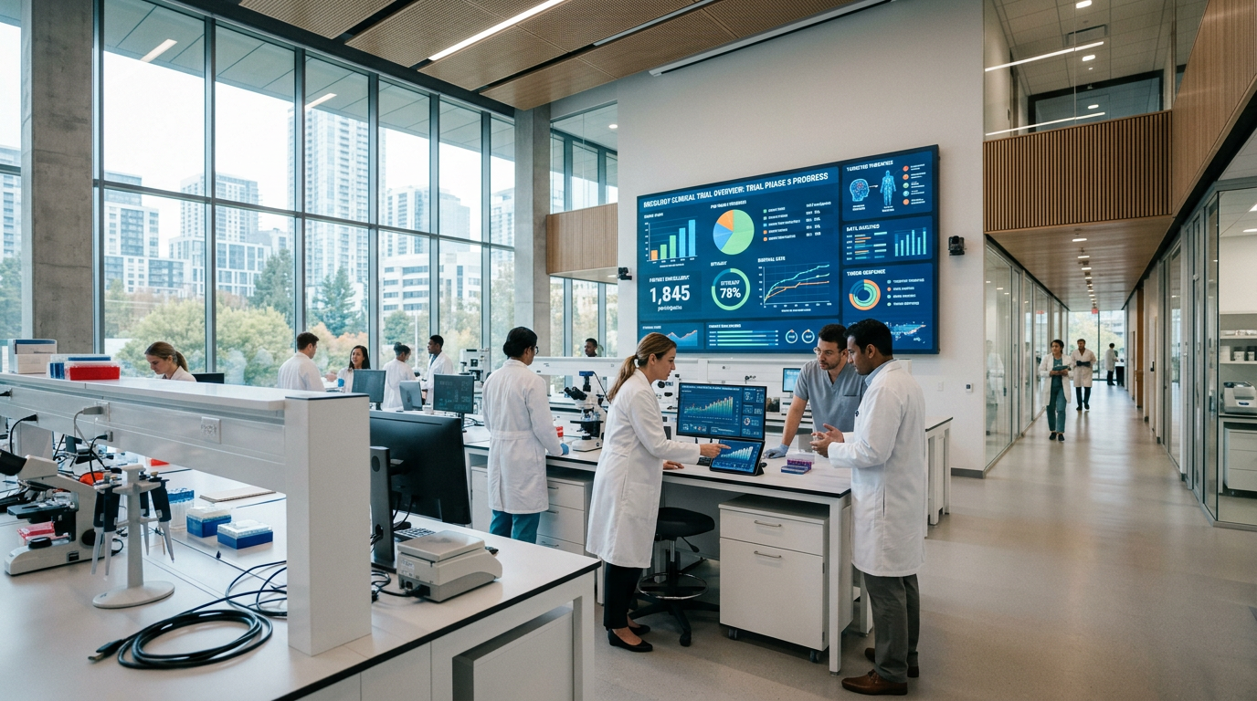 Klinik veri analizlerinin yapıldığı modern onkoloji laboratuvar ortamı.