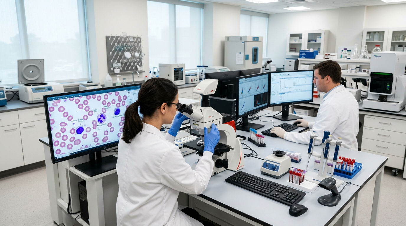 İleri kanser araştırmaları için modern hematoloji laboratuvar ortamı.