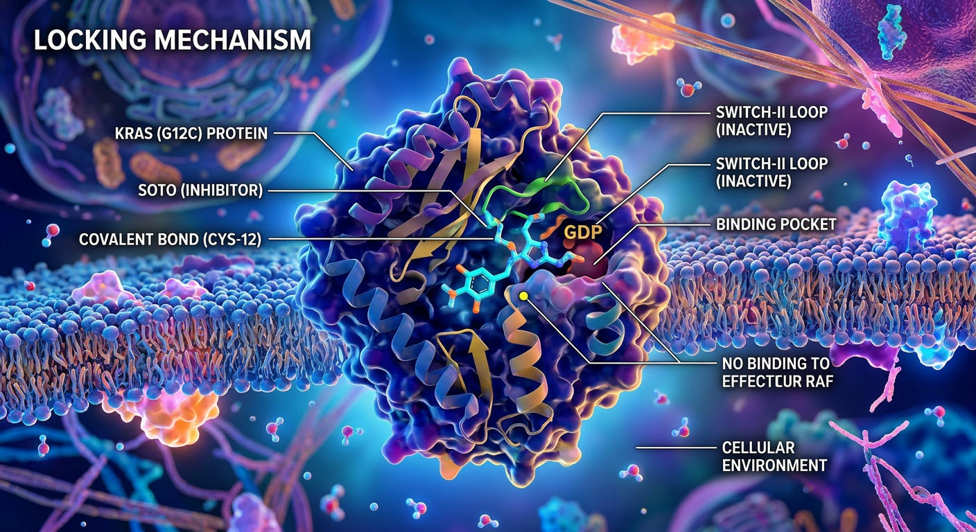 KRAS G12D inhibitör mekanizmasının moleküler görselleştirilmesi.