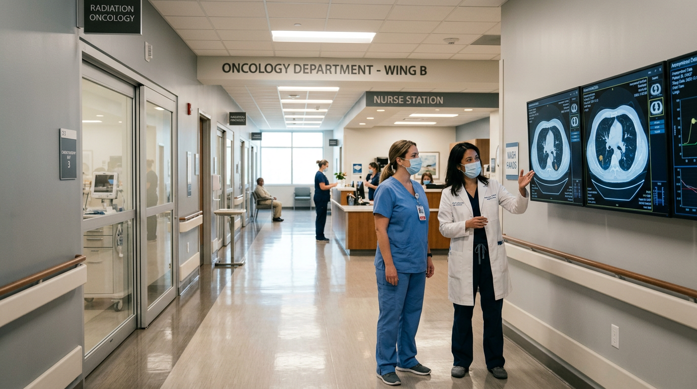 Bir onkoloji merkezinde tanı taramalarını gösteren klinik görüntüleme monitörleri.
