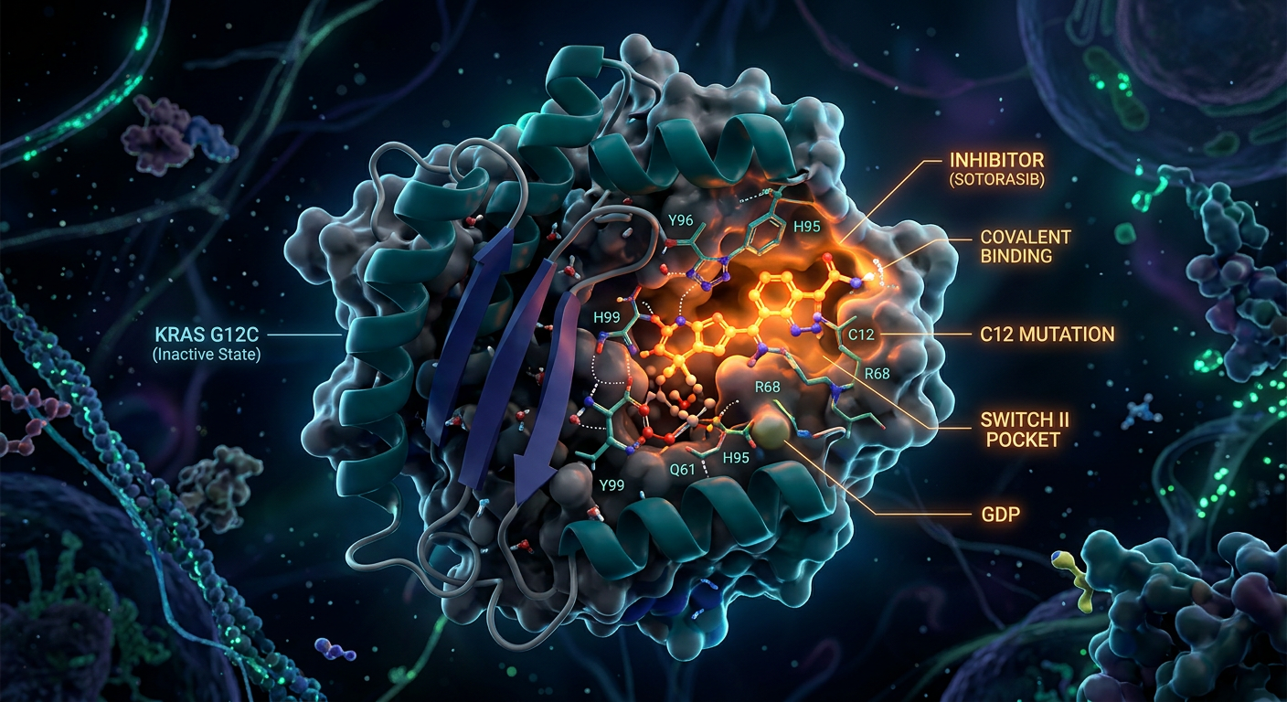 KRAS G12C inhibitörünün mutant proteine bağlanmasının görsel temsili.