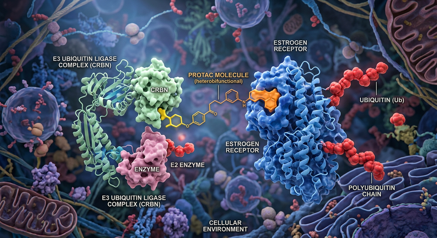 PROTAC molekülü aracılığıyla hedeflenen protein yıkımını gösteren moleküler illüstrasyon.