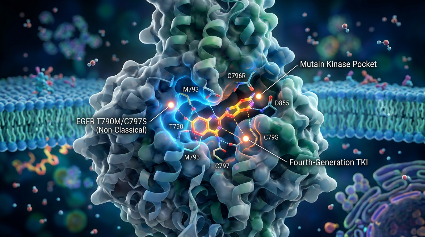Dördüncü nesil tirozin kinaz inhibitörünün non-classical EGFR mutasyon bölgelerine hassas bağlanışı.