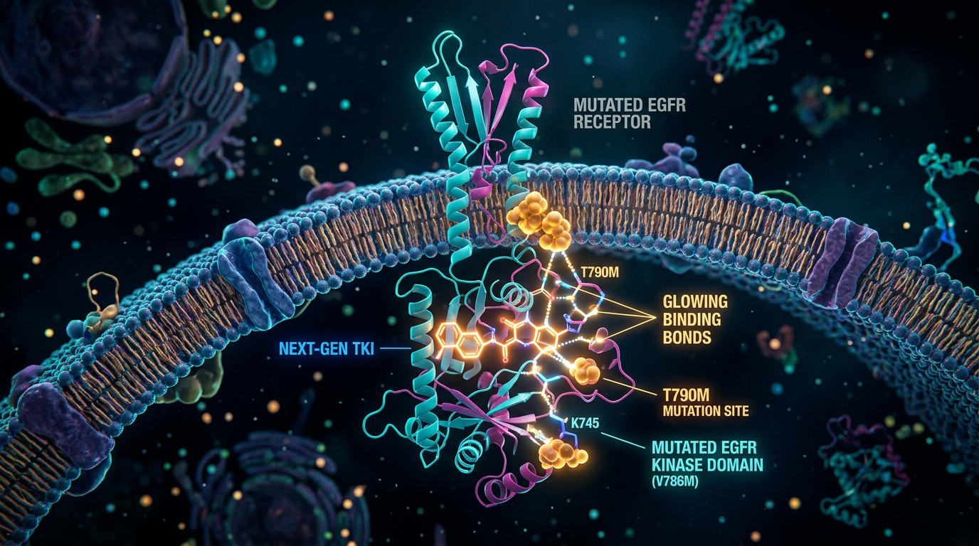 Yeni nesil hedefe yönelik inhibitörün kanser hücresi reseptörüne seçici bağlanma simülasyonu.