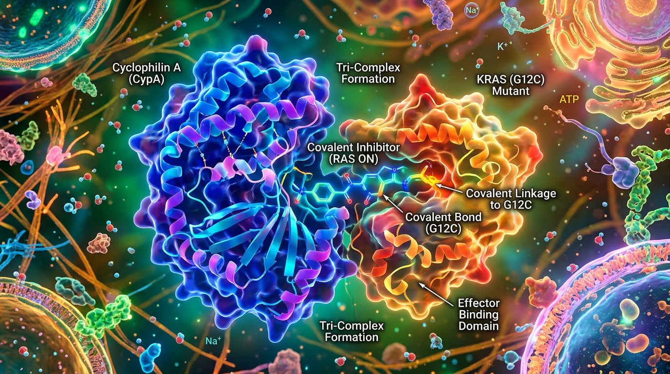 Tri-kompleks RAS ON inhibitörünün moleküler bağlanma mekanizmasının görselleştirmesi.